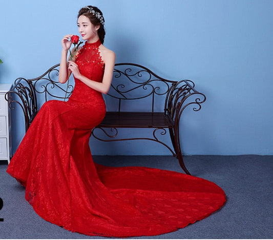 Big Red Wedding Dress Bride Large Size Waist Fishtail Wedding Dress Fishtail Tail Korean Hanging Neck