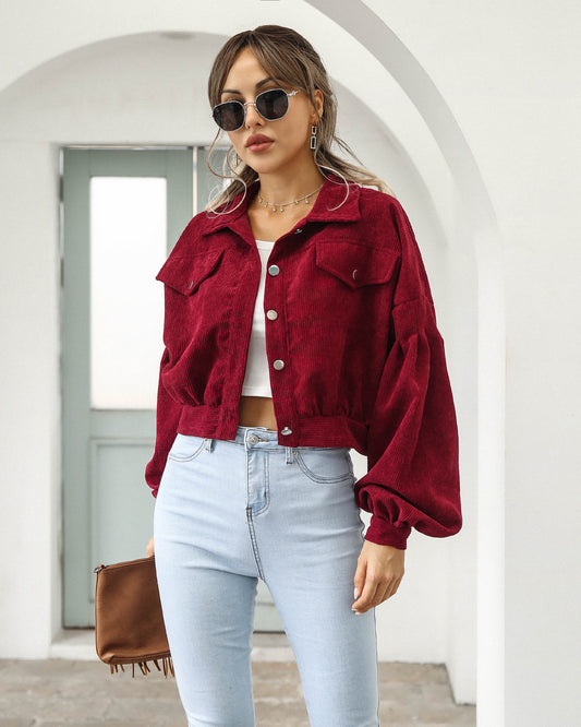 Women's Casual Lapel Corduroy Jacket Short Coat