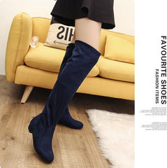 Over the knee long tube women's boots round head low heel suedE