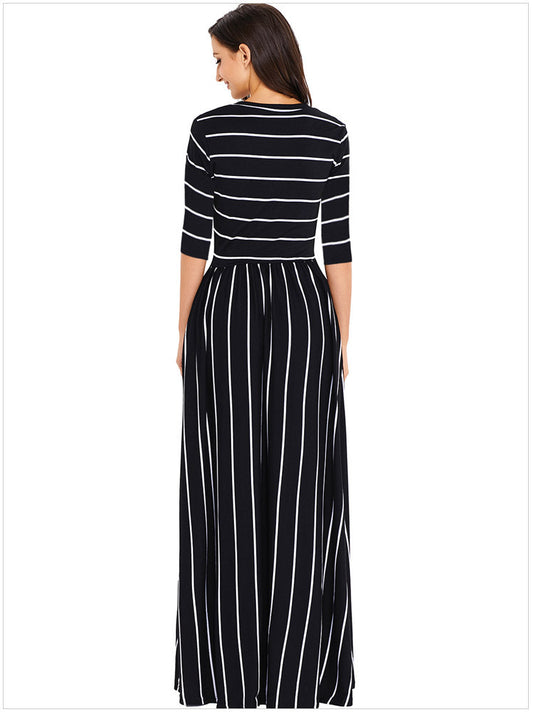 Striped round neck 3/4 sleeve waist dress