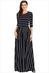 Striped round neck 3/4 sleeve waist dress