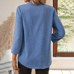 Womens Casual Summer Shirts Notch V Neck Blouses 3 4 Roll Sleeve Tunics Tops