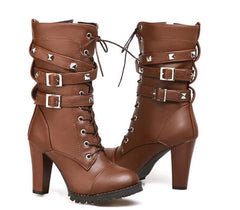 Comfort Side Zip Studs Thick Heel Mid Boots High Heel Lace  Boots