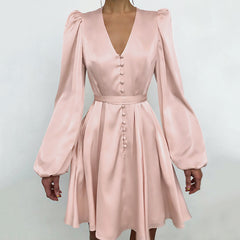 Satin Satin V-Neck Temperament Slim Dress