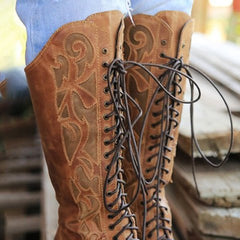 Medium thick heel lace mid-tube boots women boots