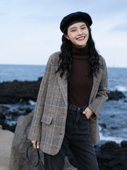 Retro Plaid Woolen Suit Jacket Women's Autumn And Winter Thick Warm Coat Short And Small