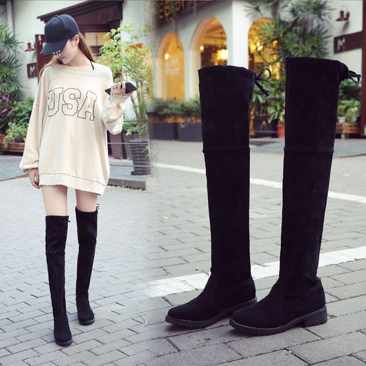 autumn and winter small pepper thick with over the knee boots ladies black flat low heel stovepipe long boots