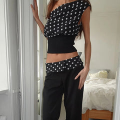 Polka Dots Print Oblique Shoulder Tops Summer Patchwork Chiffon Crop Backless Blouse Casual Streetwear Tee