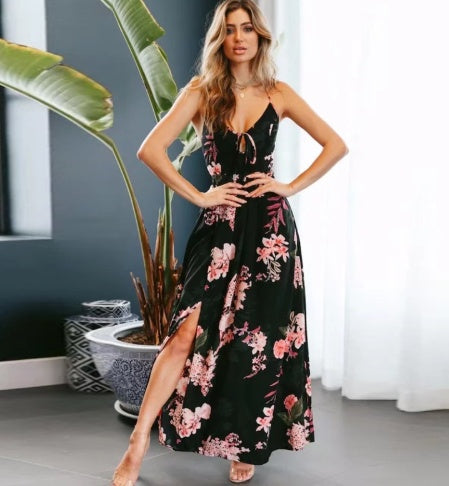 European and American sling retro loose digital printed beach dress long skirt