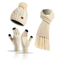 Three-piece Set Of Color Hat Thick Scarf Touch Screen Gloves