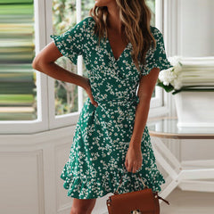 V-neck chiffon A-line short sleeve dress