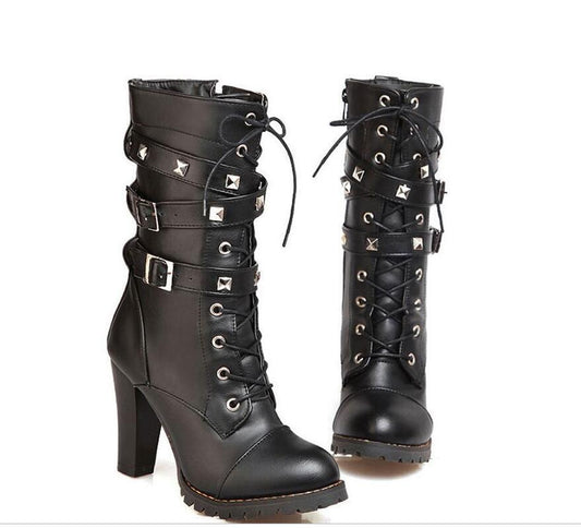 Comfort Side Zip Studs Thick Heel Mid Boots High Heel Lace  Boots