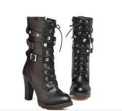 Comfort Side Zip Studs Thick Heel Mid Boots High Heel Lace  Boots