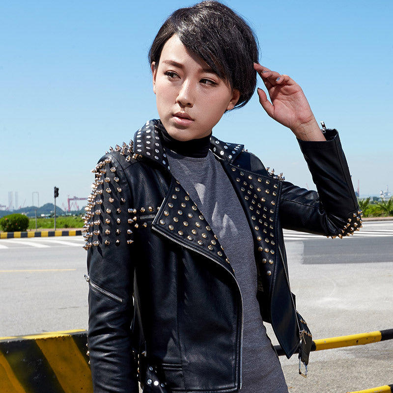 Women's punk rivet motorcycle faux leather jacket - view 5