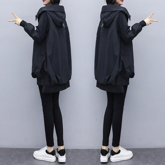 Loose Casual Hooded Mid-Length Trench Coat
