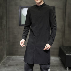Retro Fashion Solid Color Casual Stand Collar Mid Length Windbreaker Jacket Men's Jacket