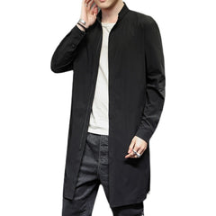 Retro Fashion Solid Color Casual Stand Collar Mid Length Windbreaker Jacket Men's Jacket