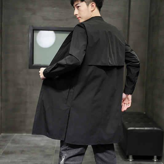 Retro Fashion Solid Color Casual Stand Collar Mid Length Windbreaker Jacket Men's Jacket