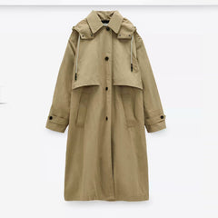 Single Breasted Khaki Solid Hooded Windbreaker