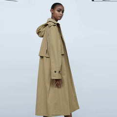 Single Breasted Khaki Solid Hooded Windbreaker