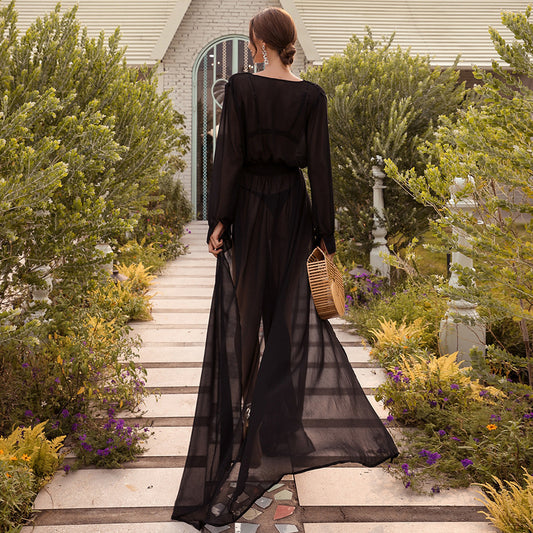 Bronzing Chiffon Big Swing Dress Summer New Long-Sleeved Cardigan Strap Seaside Holiday Style Skirt Female