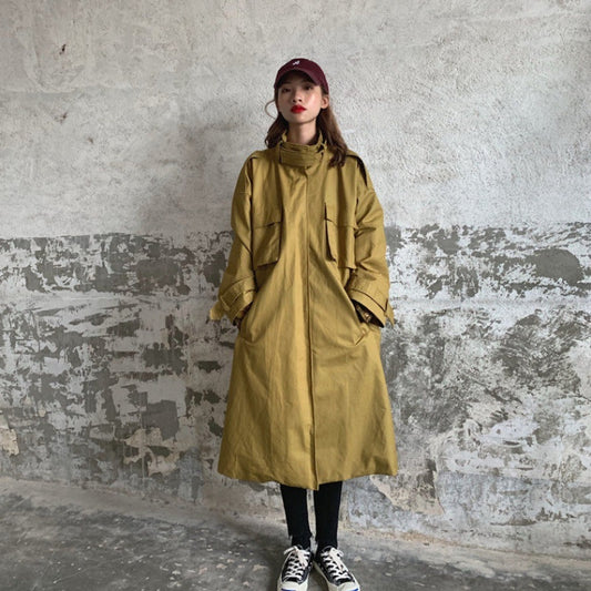 Mid-Length Tooling Windbreaker Women Korean Retro Oversize Loose Bf Student Jacket