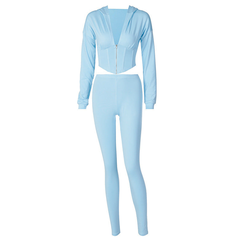 Europe And America Street Long-Sleeved Zipper Hooded Top Trousers Fashion Suit Women