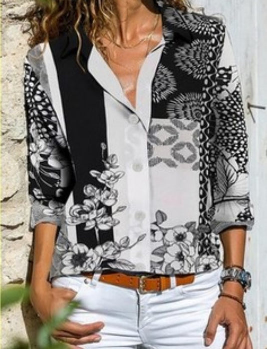 European And American Long-Sleeved Tops Across Women'S Stand-Up Collar Loose Cardigan Printed Retro Black