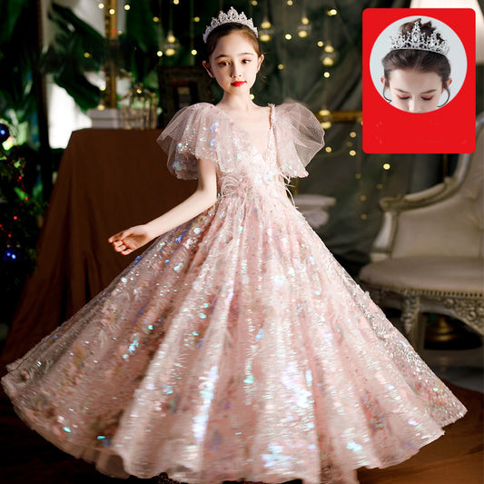 Girls' Dresses,10-Year-Old Princess Dress, Sequins, Host Catwalk Show, Piano Performance Clothing