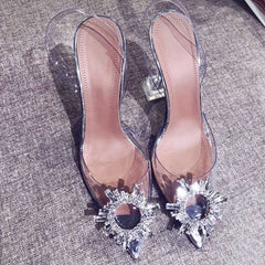 Women Pumps Elegant Pointed Toe Rhinestones Wedding Shoes Crystal Clear Heeled Slingback Pumps Sandals Sexy Heels