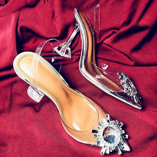 Women Pumps Elegant Pointed Toe Rhinestones Wedding Shoes Crystal Clear Heeled Slingback Pumps Sandals Sexy Heels
