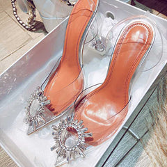 Women Pumps Elegant Pointed Toe Rhinestones Wedding Shoes Crystal Clear Heeled Slingback Pumps Sandals Sexy Heels