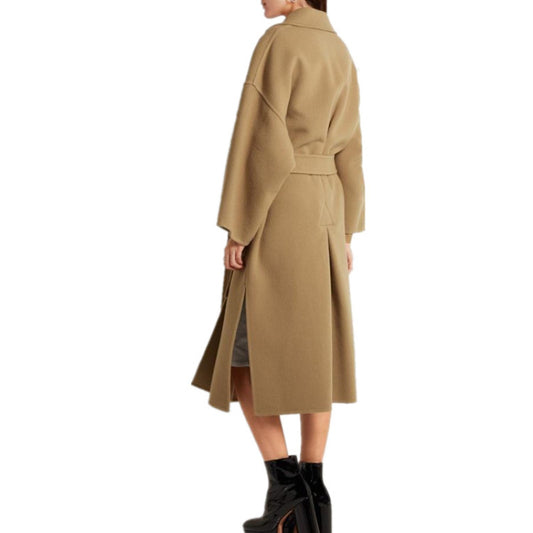Retro Simple Lapel Lace-Up Slim-Fit Cashmere Coat Long Side Slit Woolen Coat