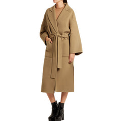 Retro Simple Lapel Lace-Up Slim-Fit Cashmere Coat Long Side Slit Woolen Coat
