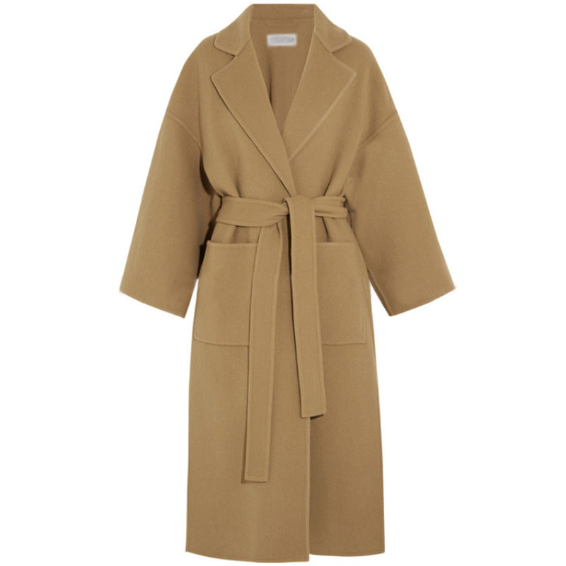 Retro Simple Lapel Lace-Up Slim-Fit Cashmere Coat Long Side Slit Woolen Coat