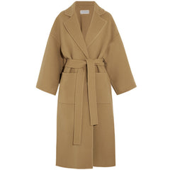 Retro Simple Lapel Lace-Up Slim-Fit Cashmere Coat Long Side Slit Woolen Coat