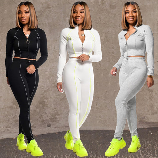Fashion Casual Solid Color Zipper Slim Jacket Trousers Sports Two-Piece Suit