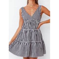 Summer New Style Deep V Sexy Backless Sleeveless Plaid Printed Dress Women