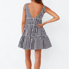 Summer New Style Deep V Sexy Backless Sleeveless Plaid Printed Dress Women