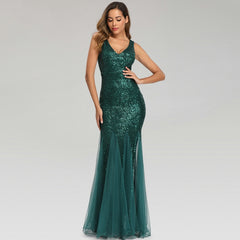 Dress Sequined Fishtail V-Neck Sleeveless Long Temperament Banquet Evening Dress