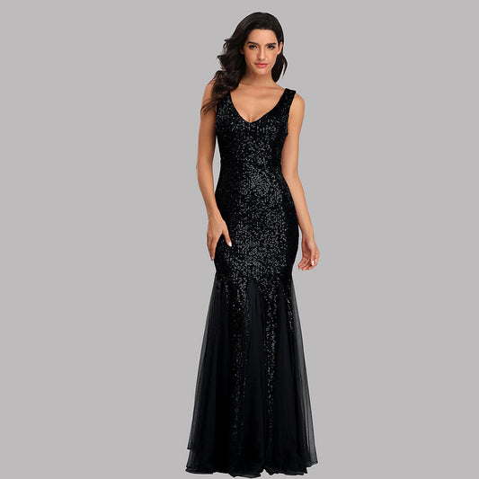 Dress Sequined Fishtail V-Neck Sleeveless Long Temperament Banquet Evening Dress