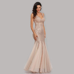 Dress Sequined Fishtail V-Neck Sleeveless Long Temperament Banquet Evening Dress