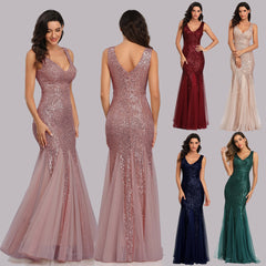 Dress Sequined Fishtail V-Neck Sleeveless Long Temperament Banquet Evening Dress