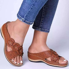 Low Slope Heel Sandals And Slippers One Line Cross Retro Flower Sandals