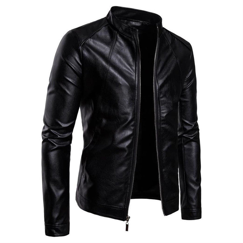Men's stand collar washed PU leather motorcycle jacket - view 4