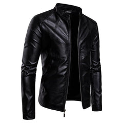 Men's stand collar washed PU leather motorcycle jacket - view 4