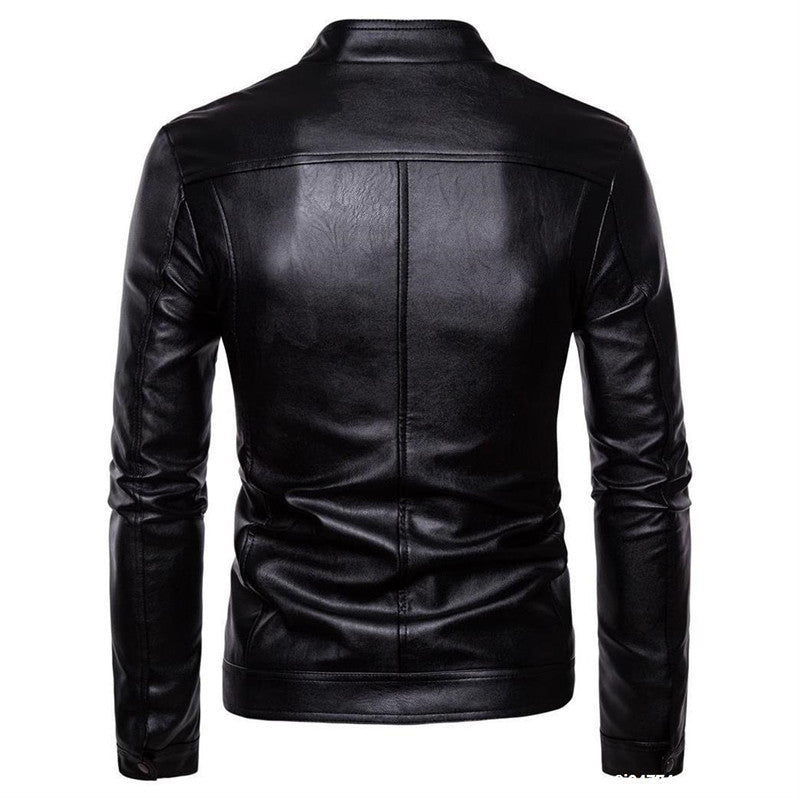Men's stand collar washed PU leather motorcycle jacket - view 2