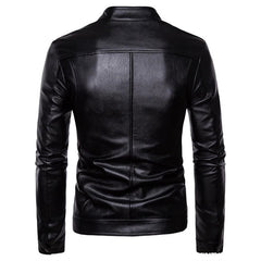 Men's stand collar washed PU leather motorcycle jacket - view 2