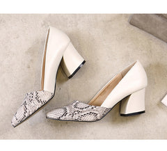 Womens Pumps Shoes Classic Block Heels Snakeskin Pointed Toe