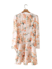 Yellow Floral V Neck Long Sleeve Dress